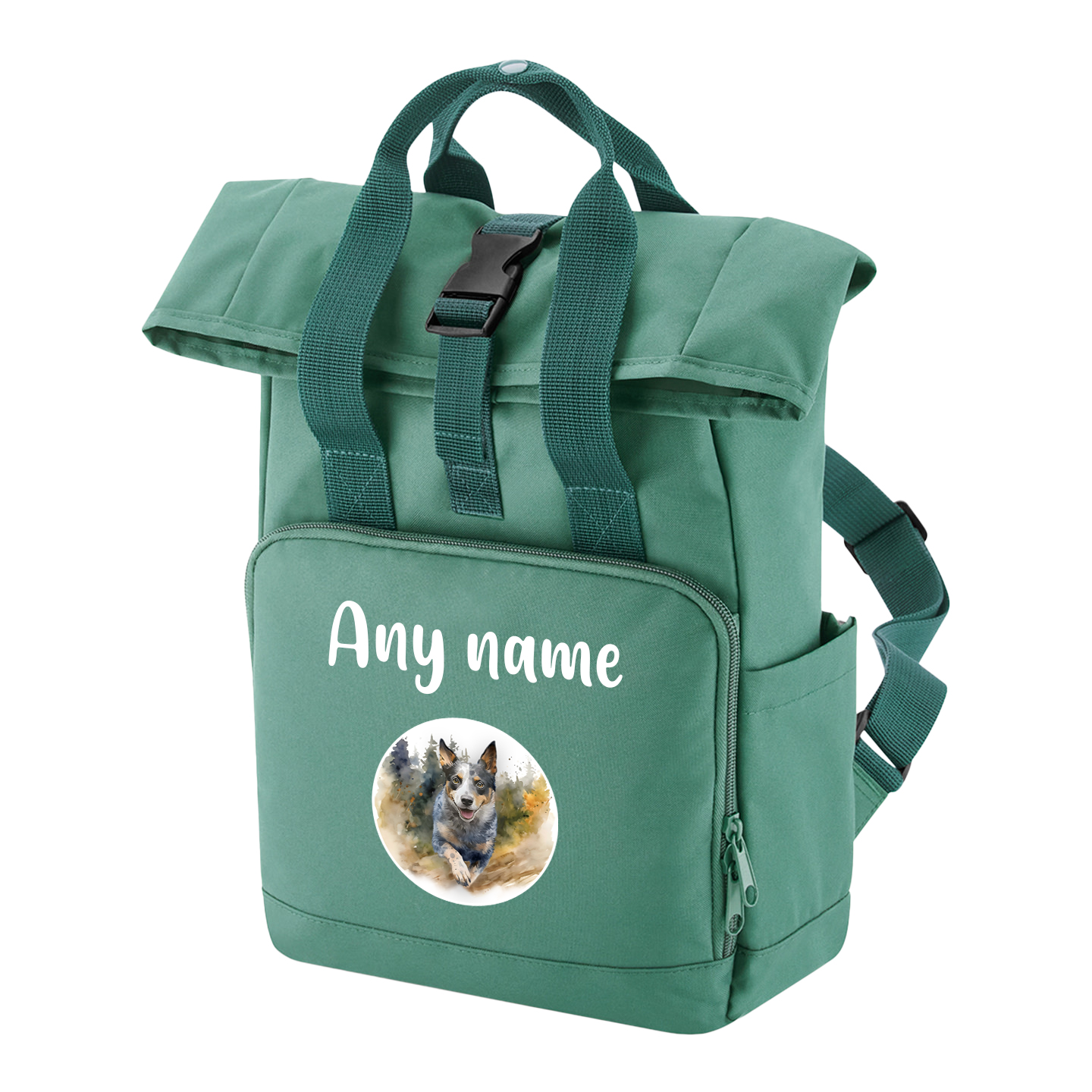 Sage Green Any Breed Running Woodland Dog with Personalised Name Backpack