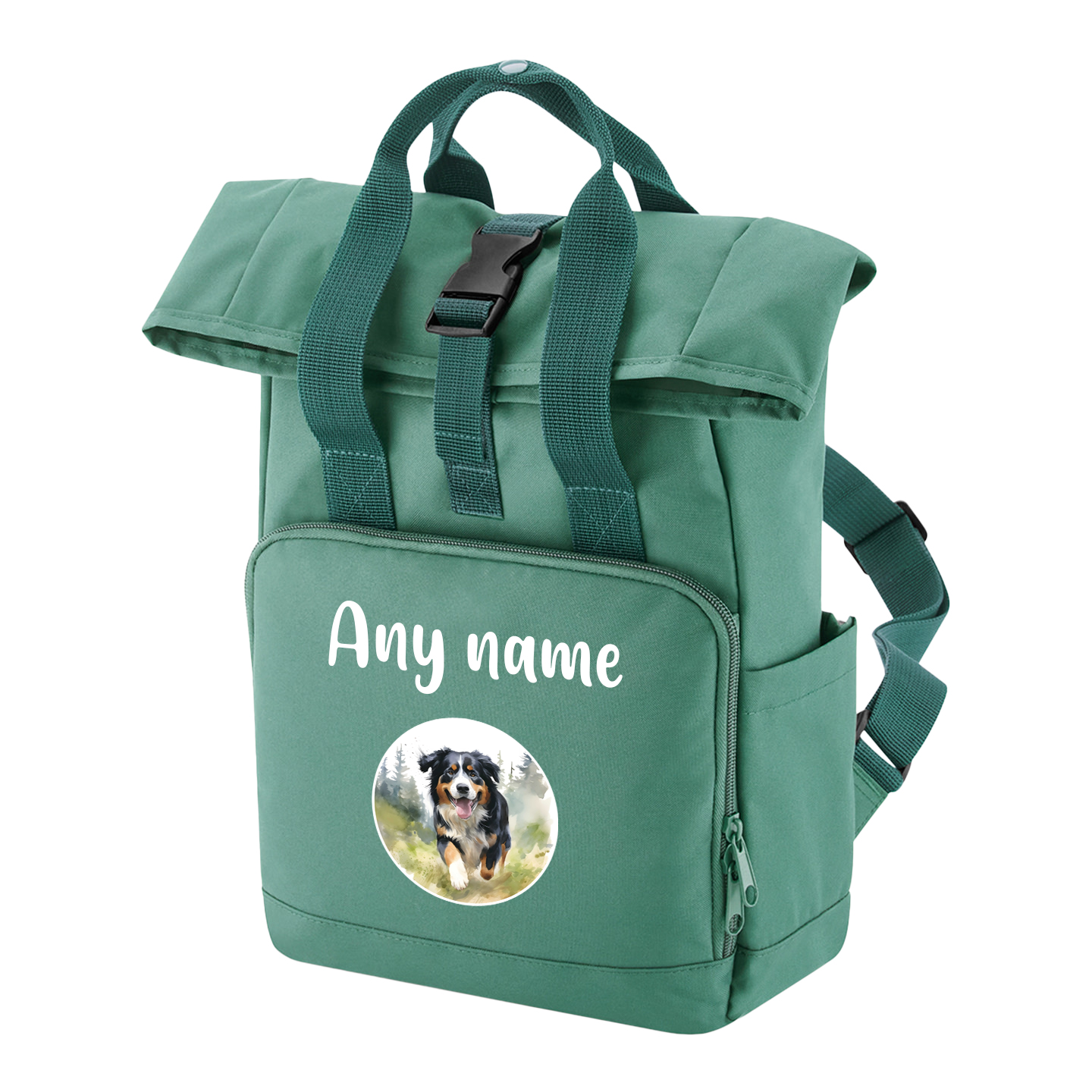 Sage Green Any Breed Running Woodland Dog with Personalised Name Backpack