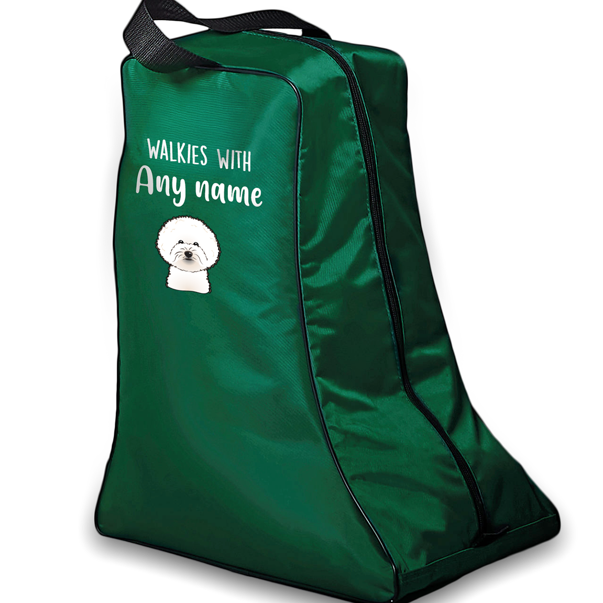 Green Walkies with Any Dog Breed Personalised with Name Welly Boot Bag