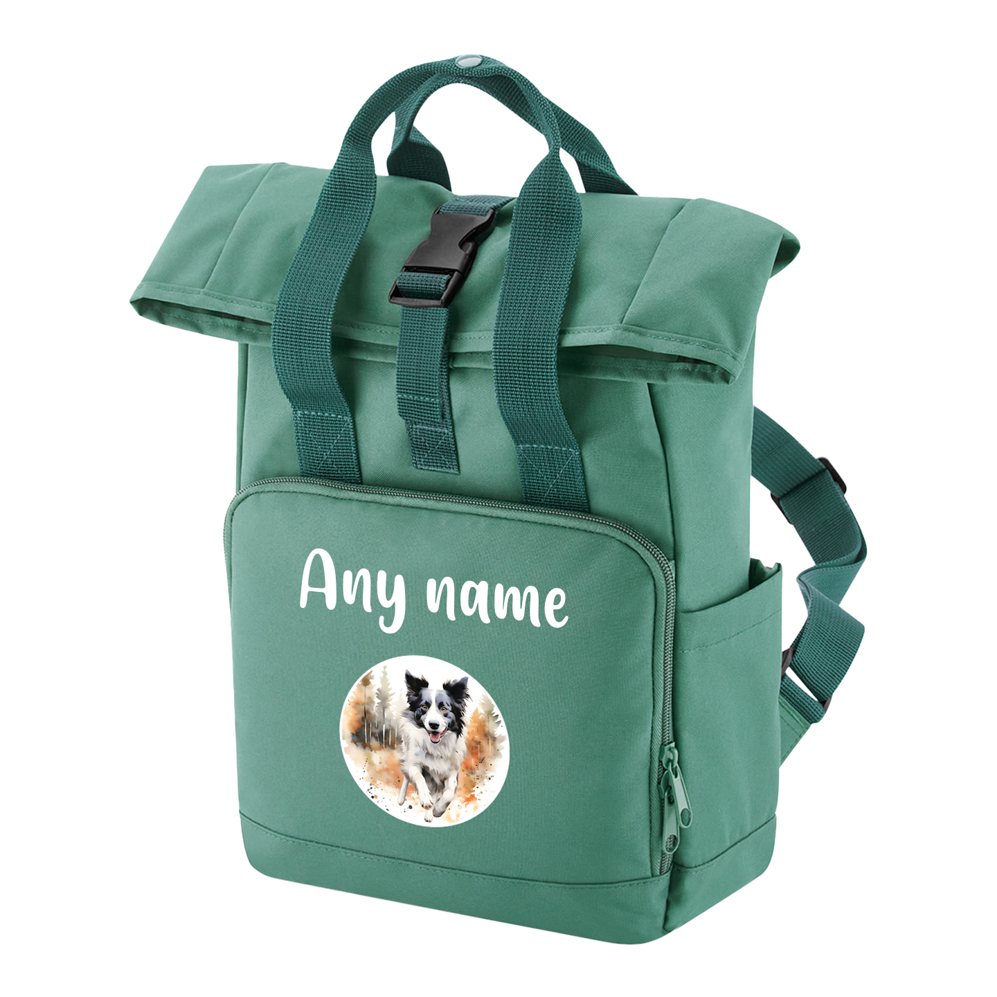 Sage Green Any Breed Running Woodland Dog with Personalised Name Backpack
