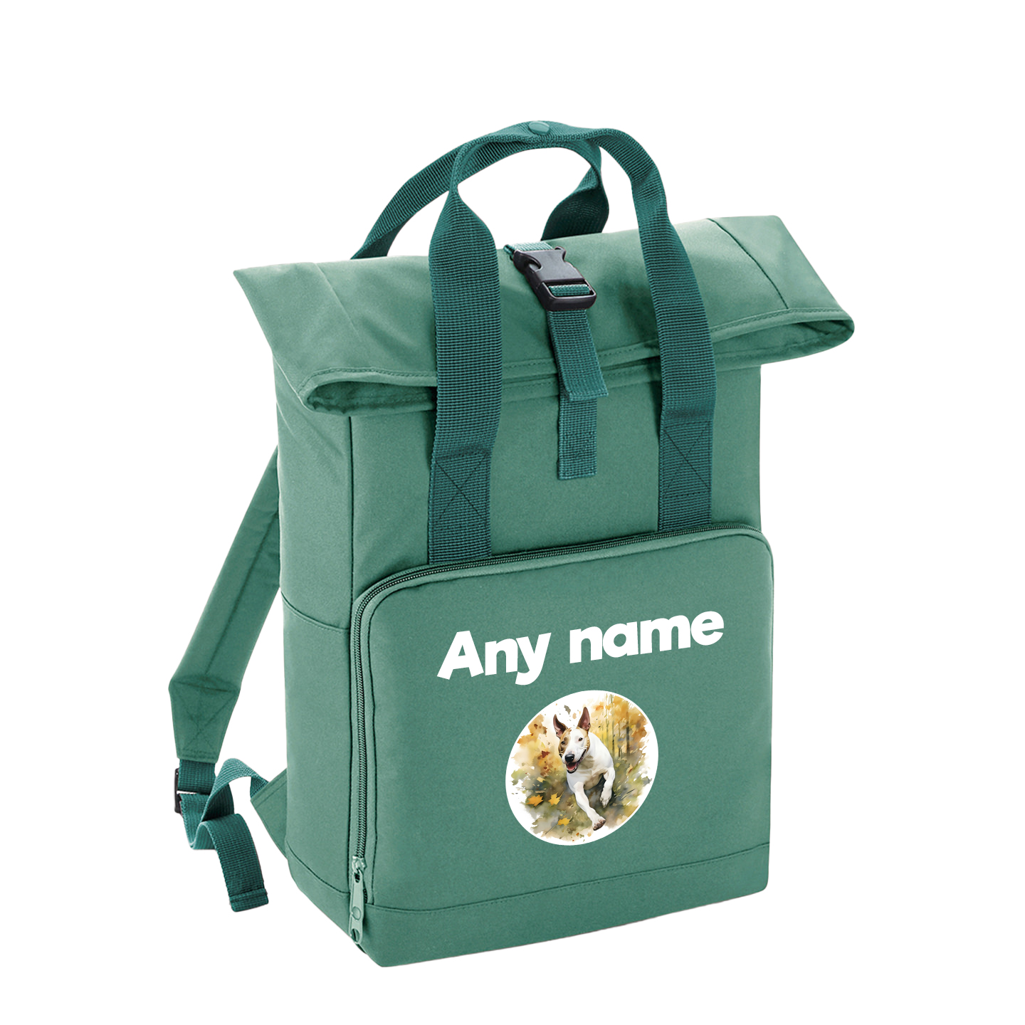 Sage Green Any Breed Running Woodland Dog with Personalised Name Backpack