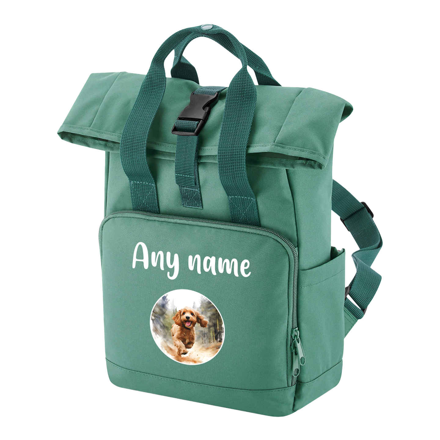 Sage Green Any Breed Running Woodland Dog with Personalised Name Backpack