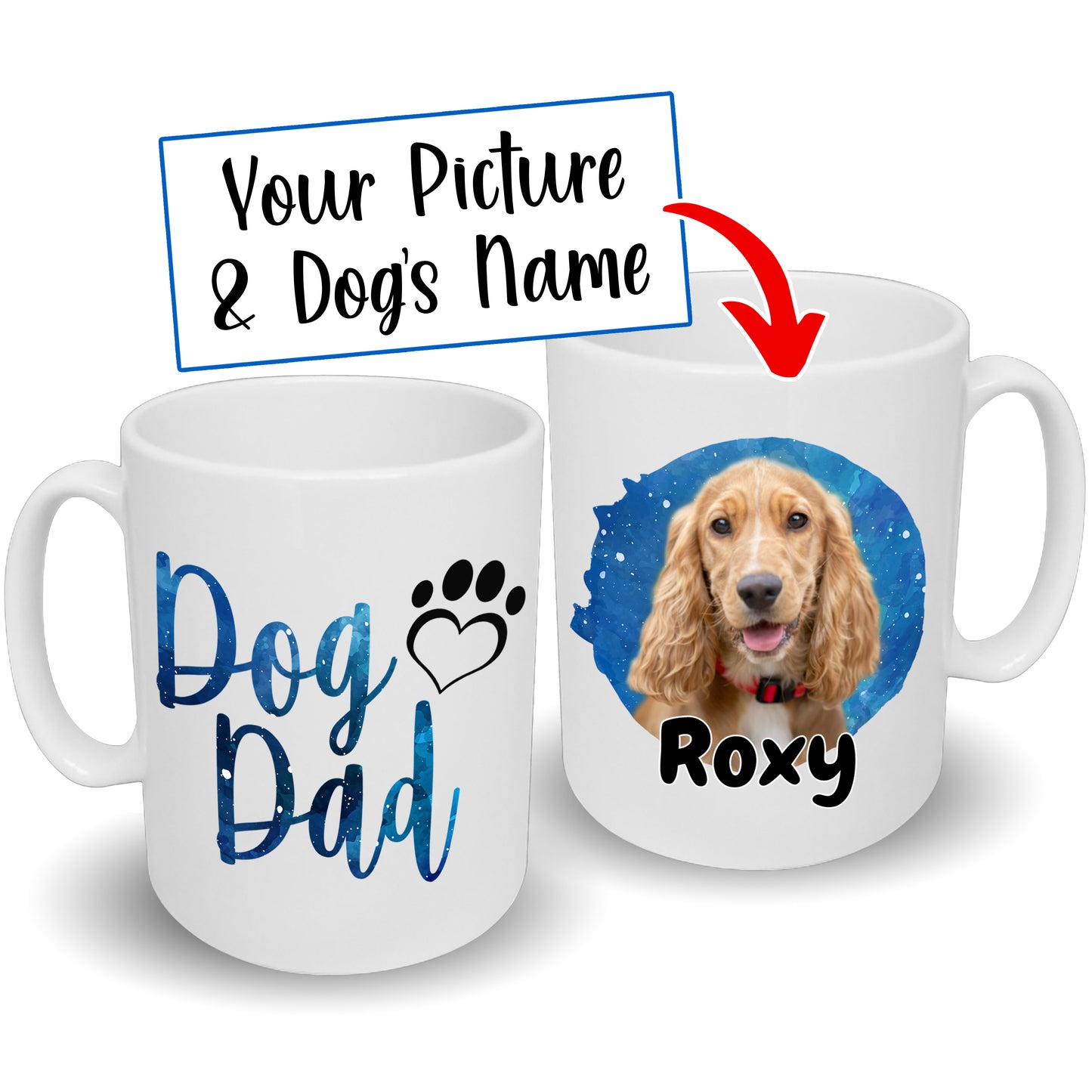 Dog Dad Mug Blue Watercolour Splash Design Dog's Name & Photo