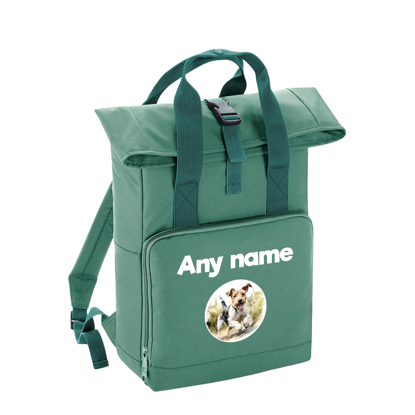 Sage Green Any Breed Running Woodland Dog with Personalised Name Backpack