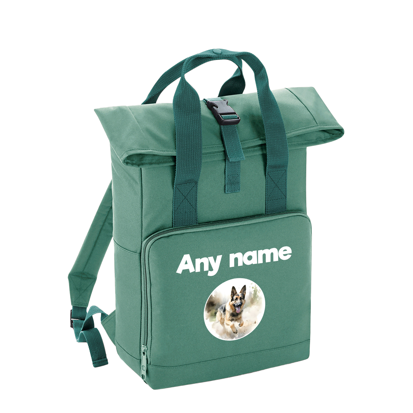 Sage Green Any Breed Running Woodland Dog with Personalised Name Backpack