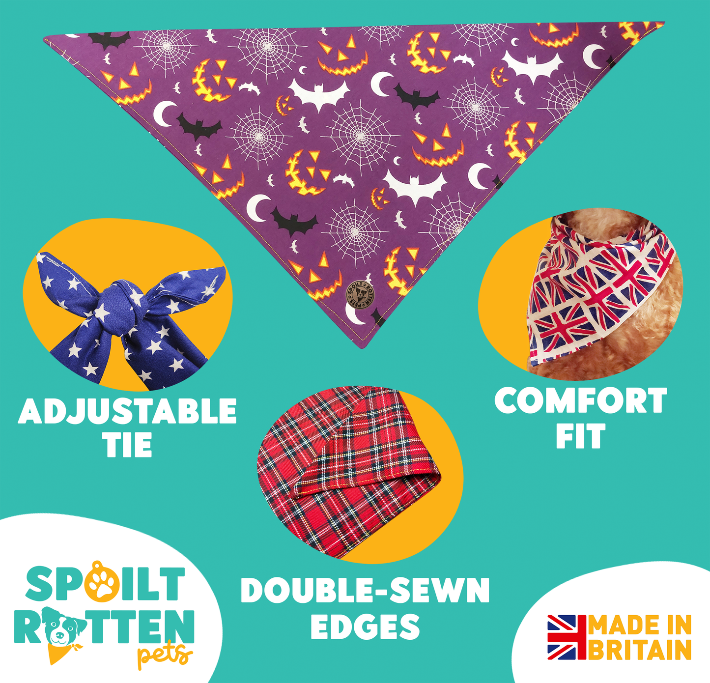 The Pomeroy - Grinning Pumpkins & Webs & Bats Tied Dog Bandana