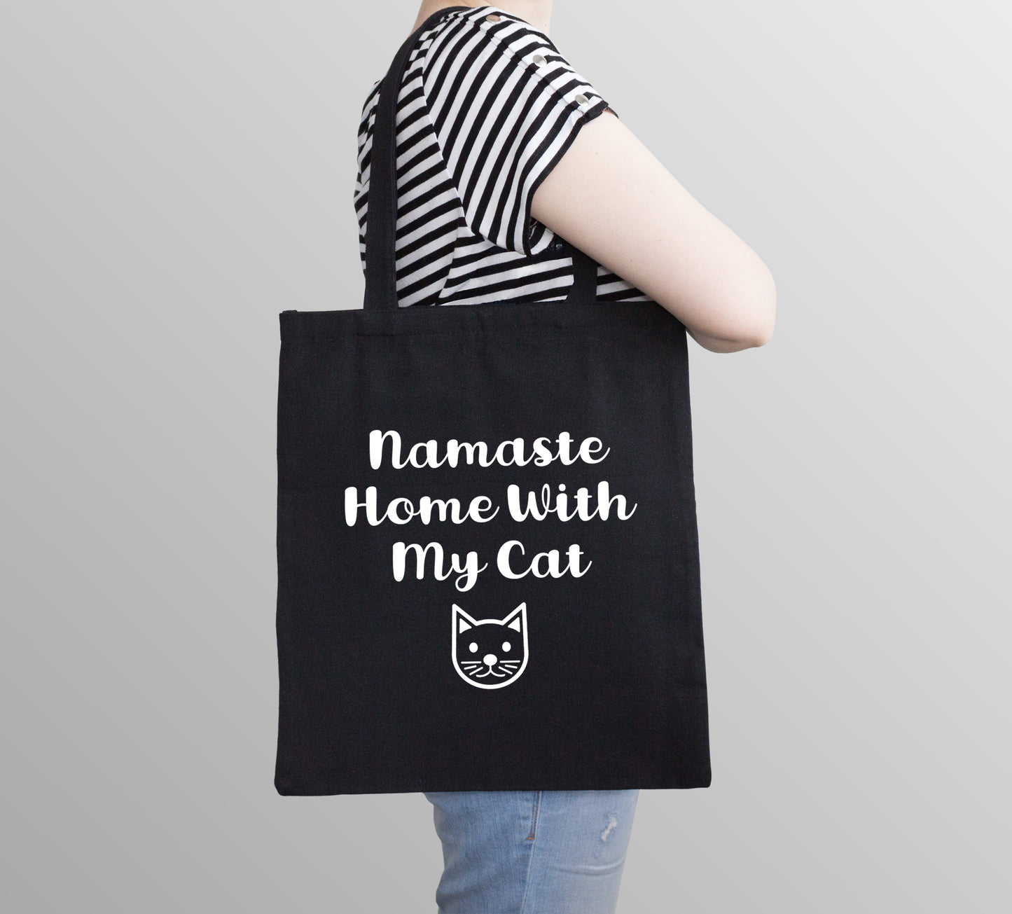 Namaste Home With My Cat Reusable Cotton Shopping Bag Tote with Long Handles