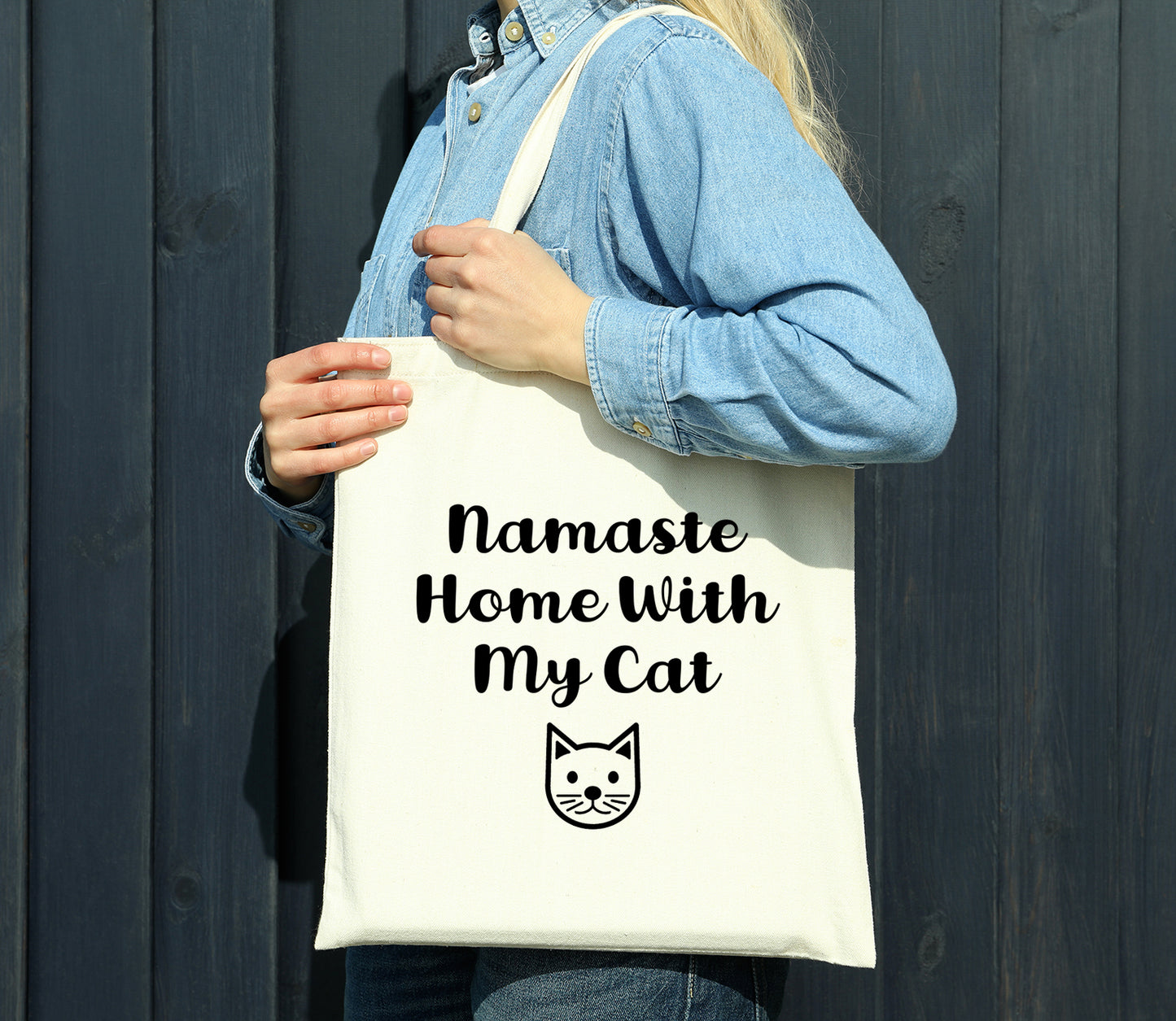 Namaste Home With My Cat Reusable Cotton Shopping Bag Tote with Long Handles