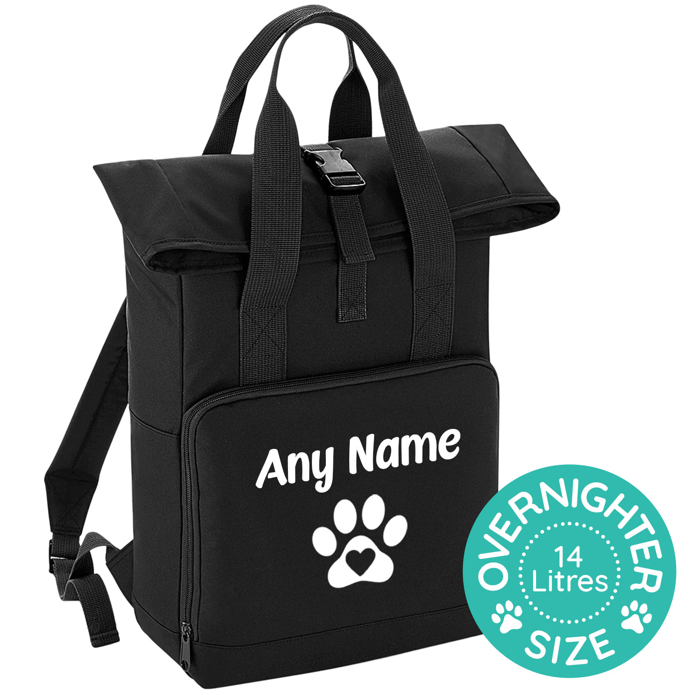 Overnight Size Black Heart & Paw Backpack With Any Name Or Wording