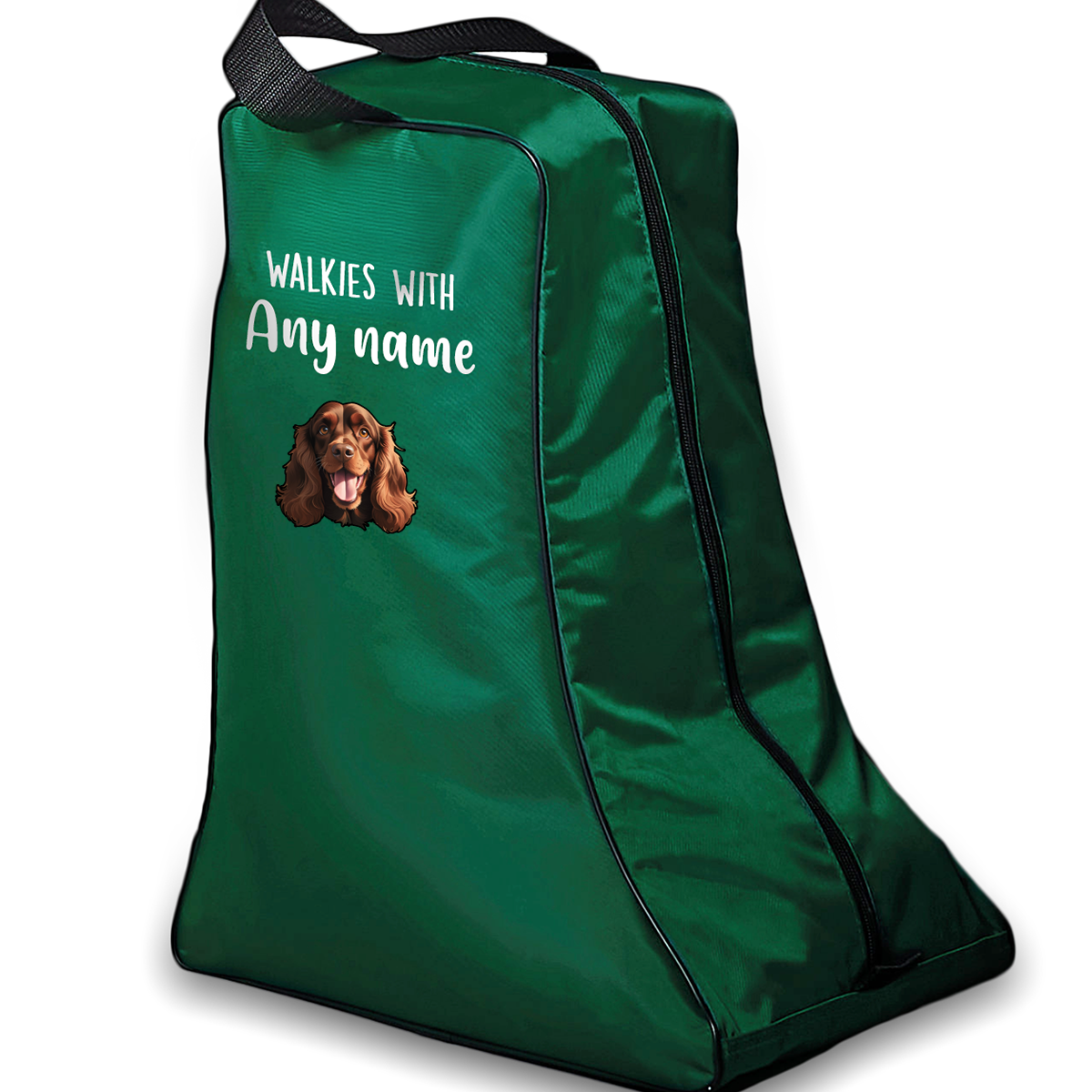 Green Walkies with Any Dog Breed Personalised with Name Welly Boot Bag