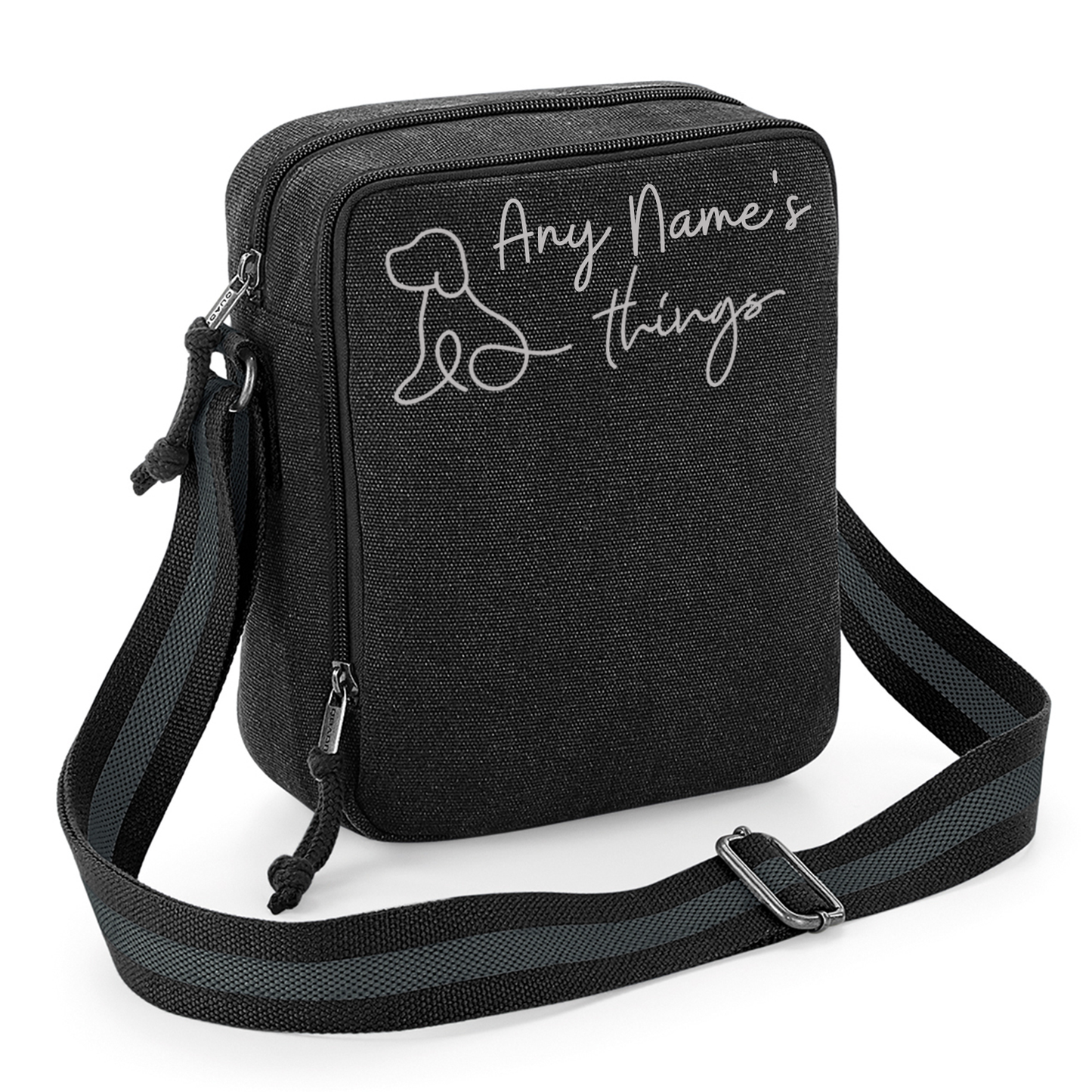 Doodle Dog Vintage Style Black & Grey Crossbody Walking Bag - Any Wording Added