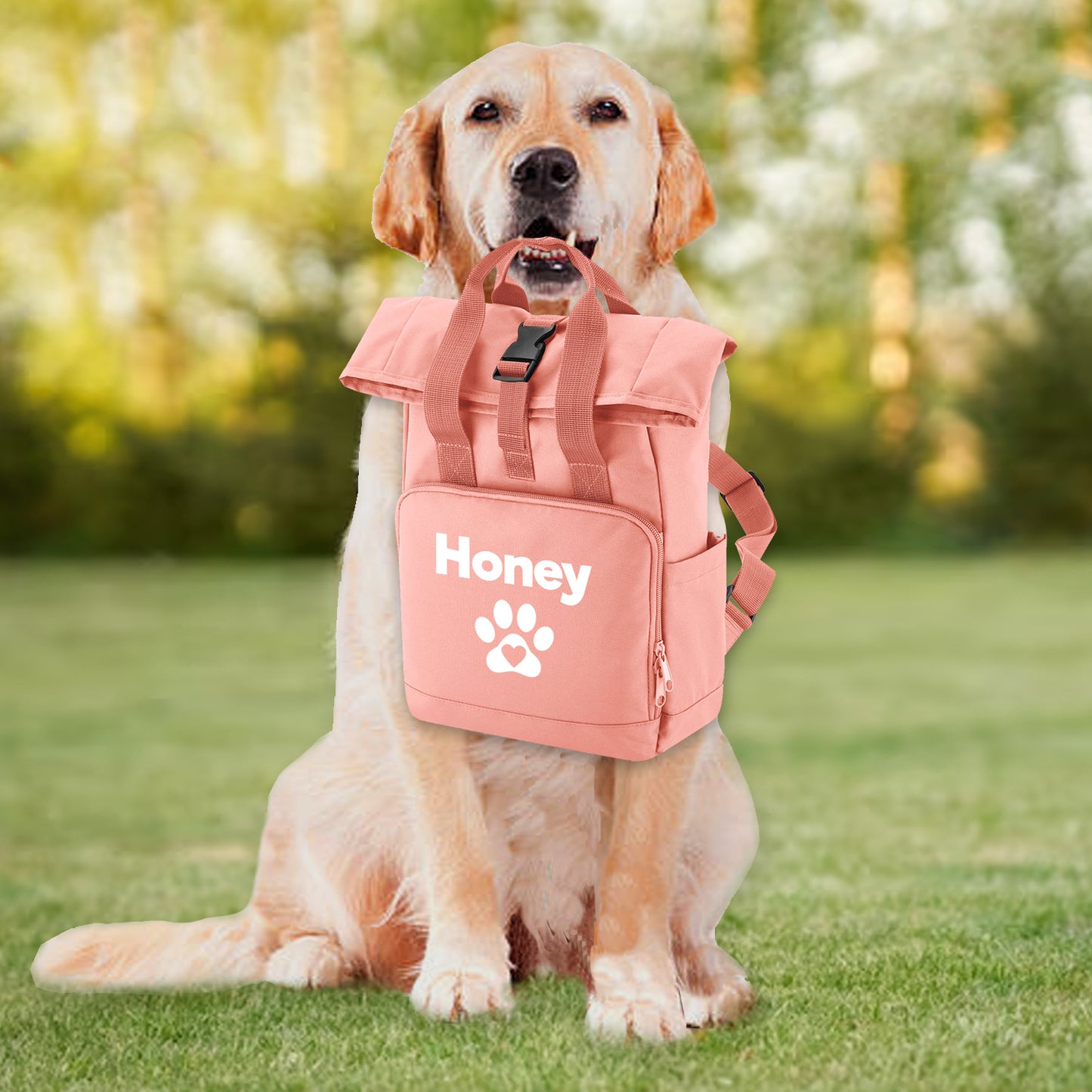 Travel Size Peach Pink Heart & Paw Backpack With Any Name Or Wording