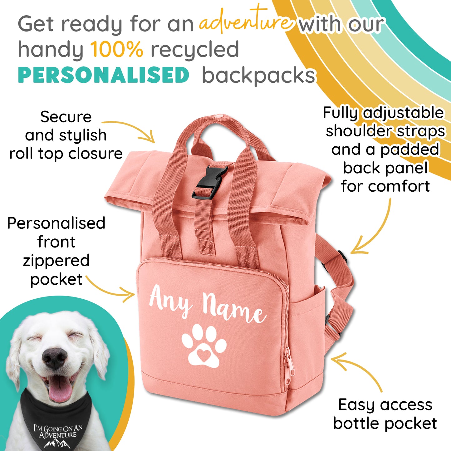 Travel Size Peach Pink Heart & Paw Backpack With Any Name Or Wording