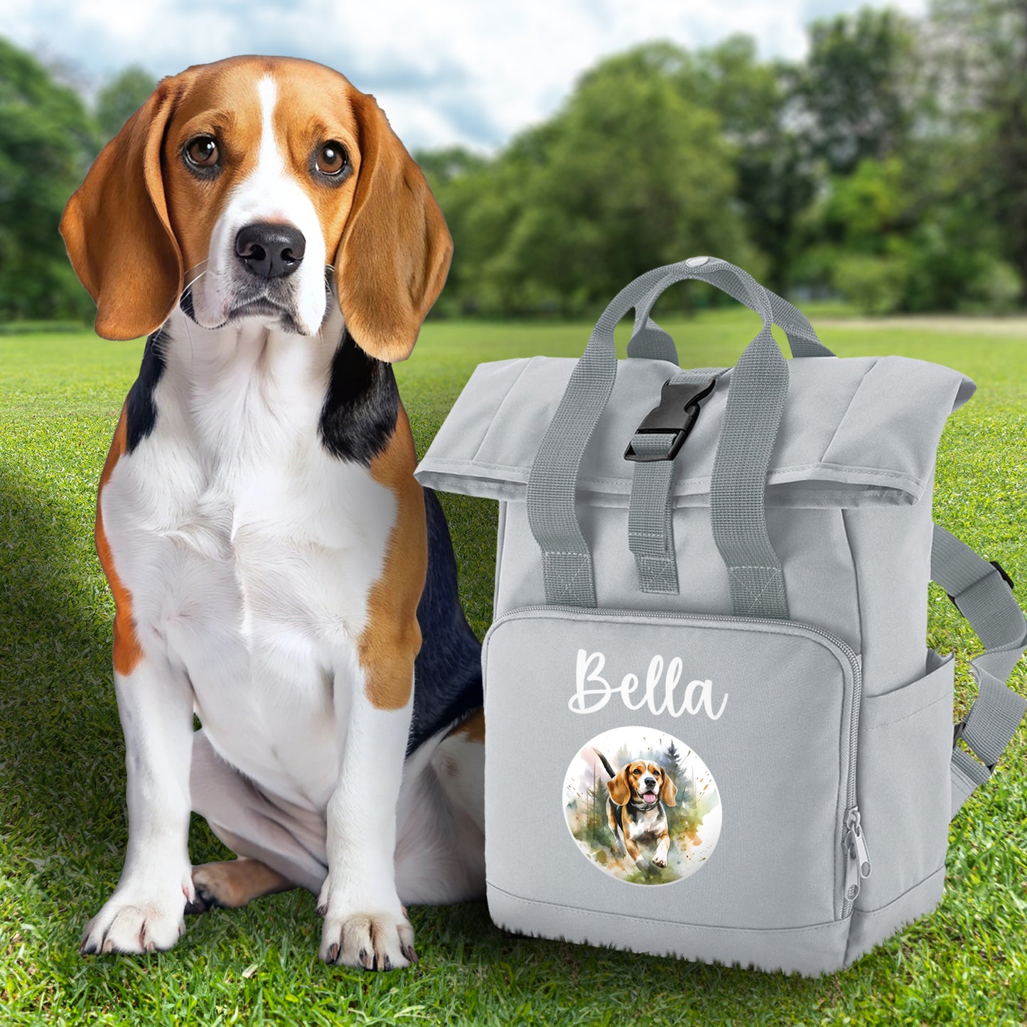 Black Any Breed Running Woodland Dog with Personalised Name Backpack