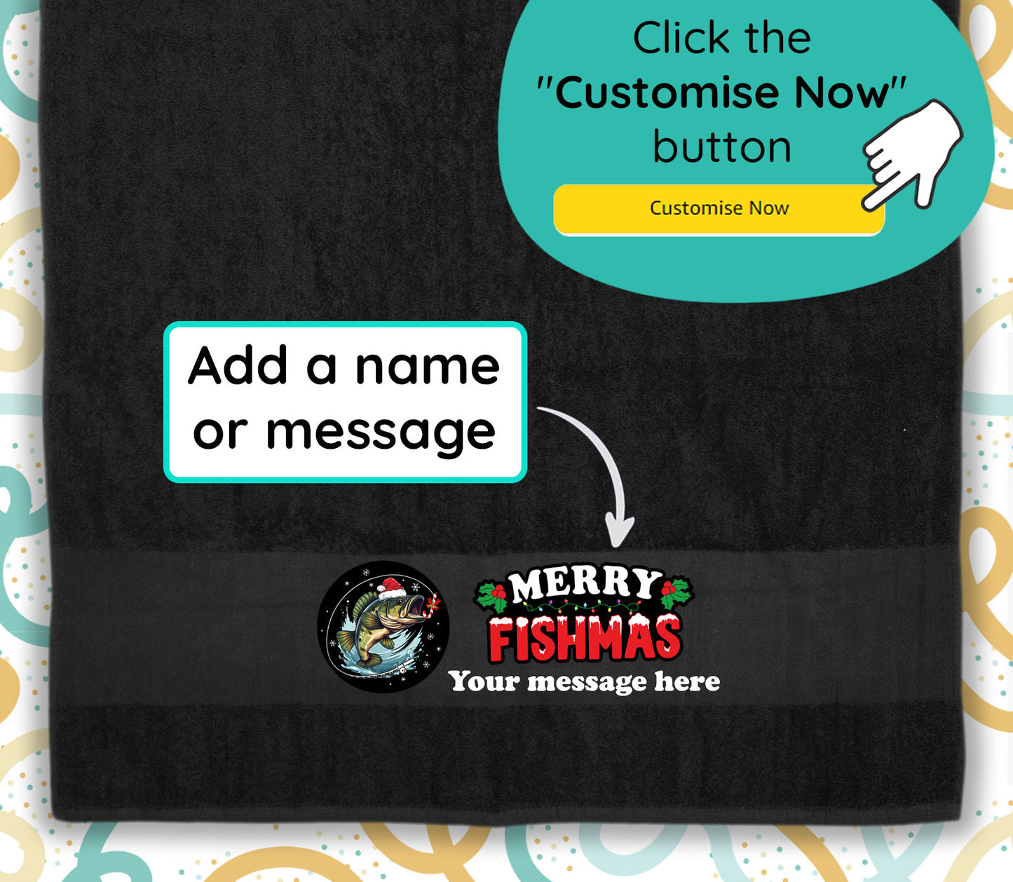 Merry Fishmas Design Fishing Towel Personalised Printed Towel