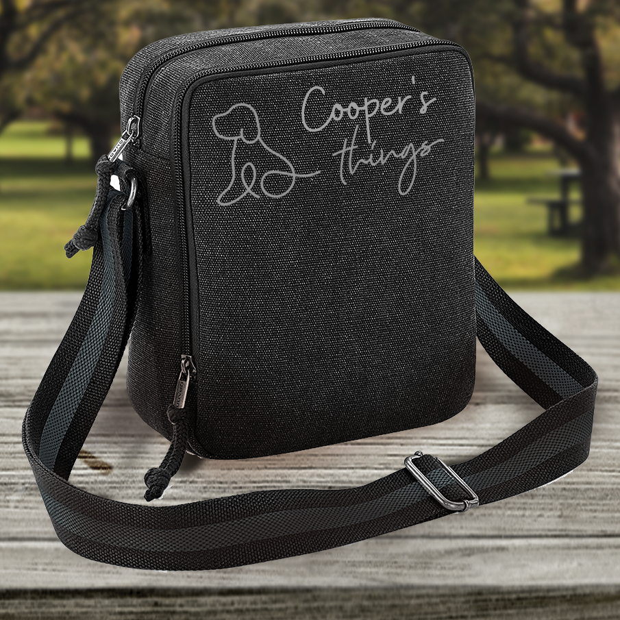 Doodle Dog Vintage Style Black & Grey Crossbody Walking Bag - Any Wording Added