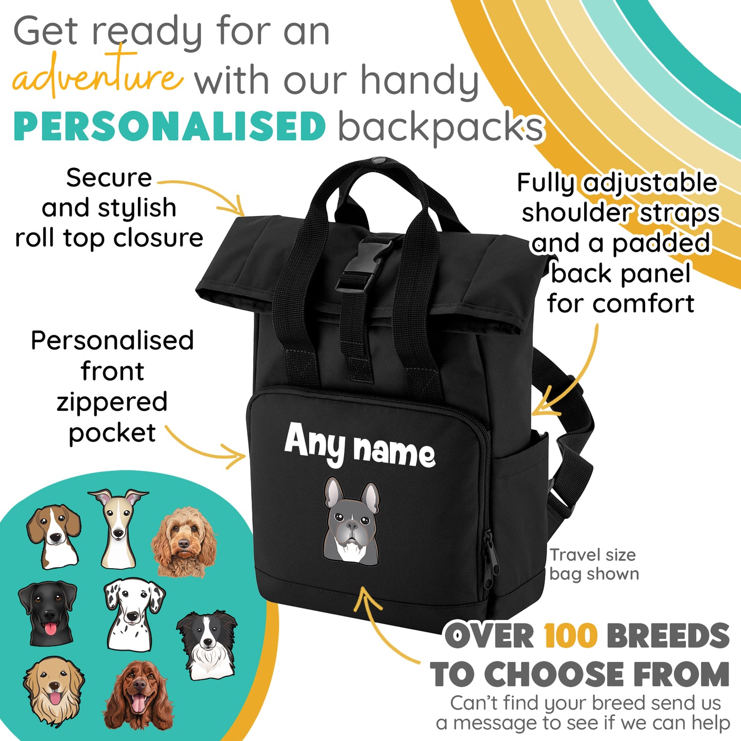 Overnighter Rucksack 14 Litres Black Any Breed Backpack With Custom Personalised Dog Name