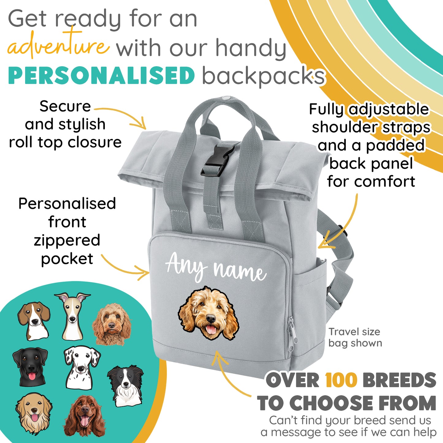 Overnighter Rucksack 14 Litres Grey Any Breed Backpack With Custom Personalised Dog Name