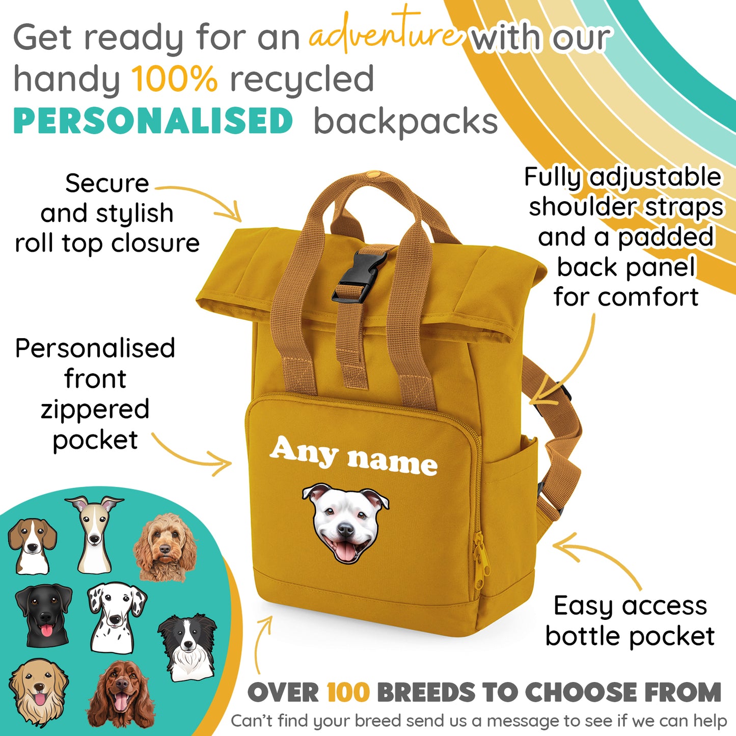 Travel Rucksack 9 Litres Mustard Gold Any Breed Backpack With Custom Personalised Dog Name