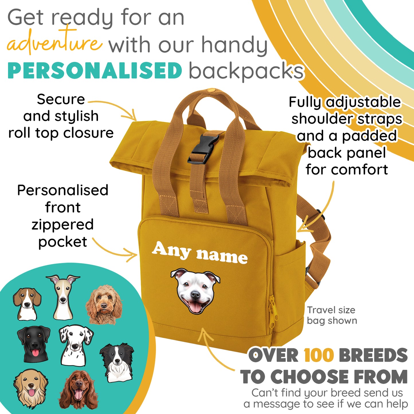 Overnighter Rucksack 14 Litres Mustard Gold Any Breed Backpack With Custom Personalised Dog Name