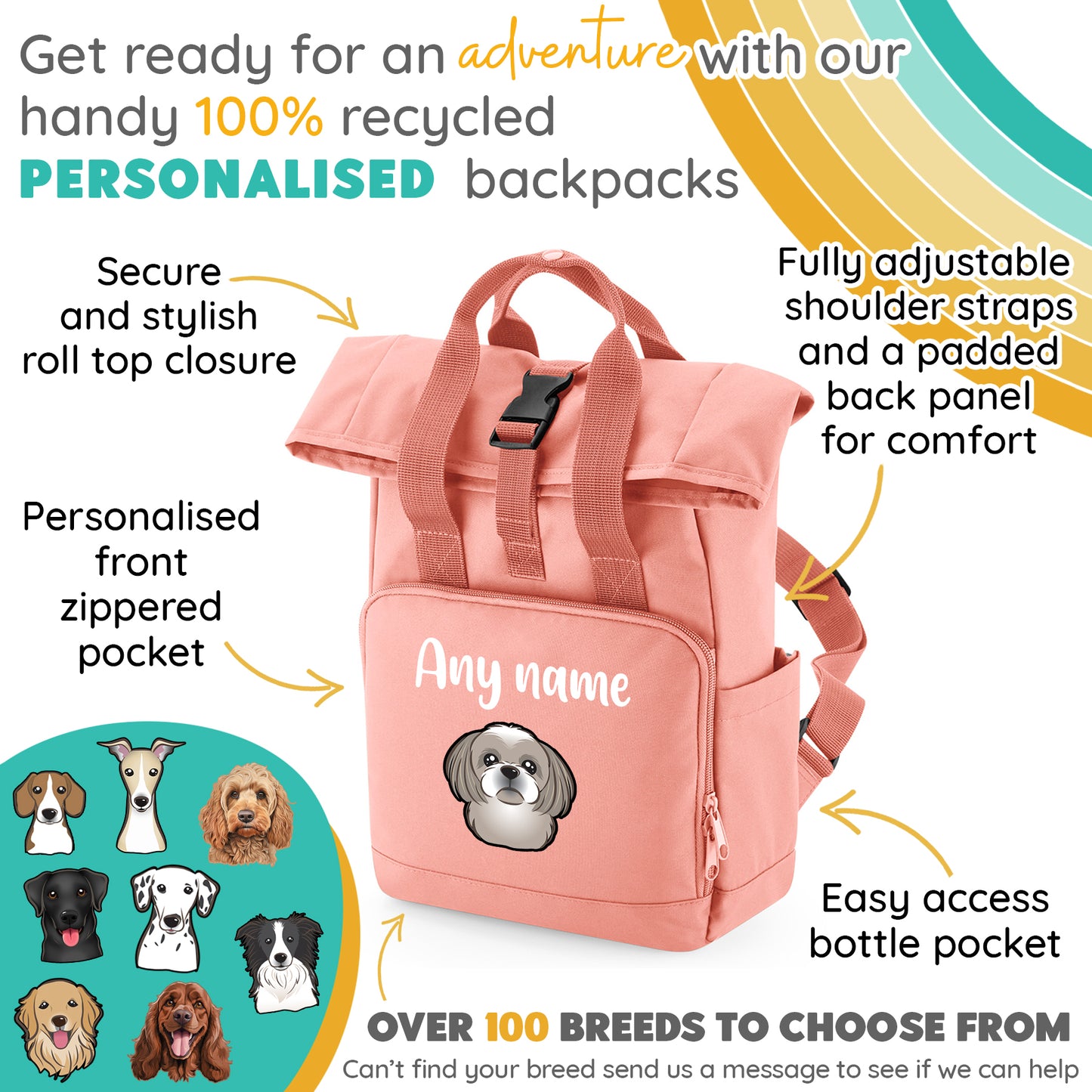Travel Rucksack 9 Litres Peach Coral Any Breed Backpack With Custom Personalised Dog Name
