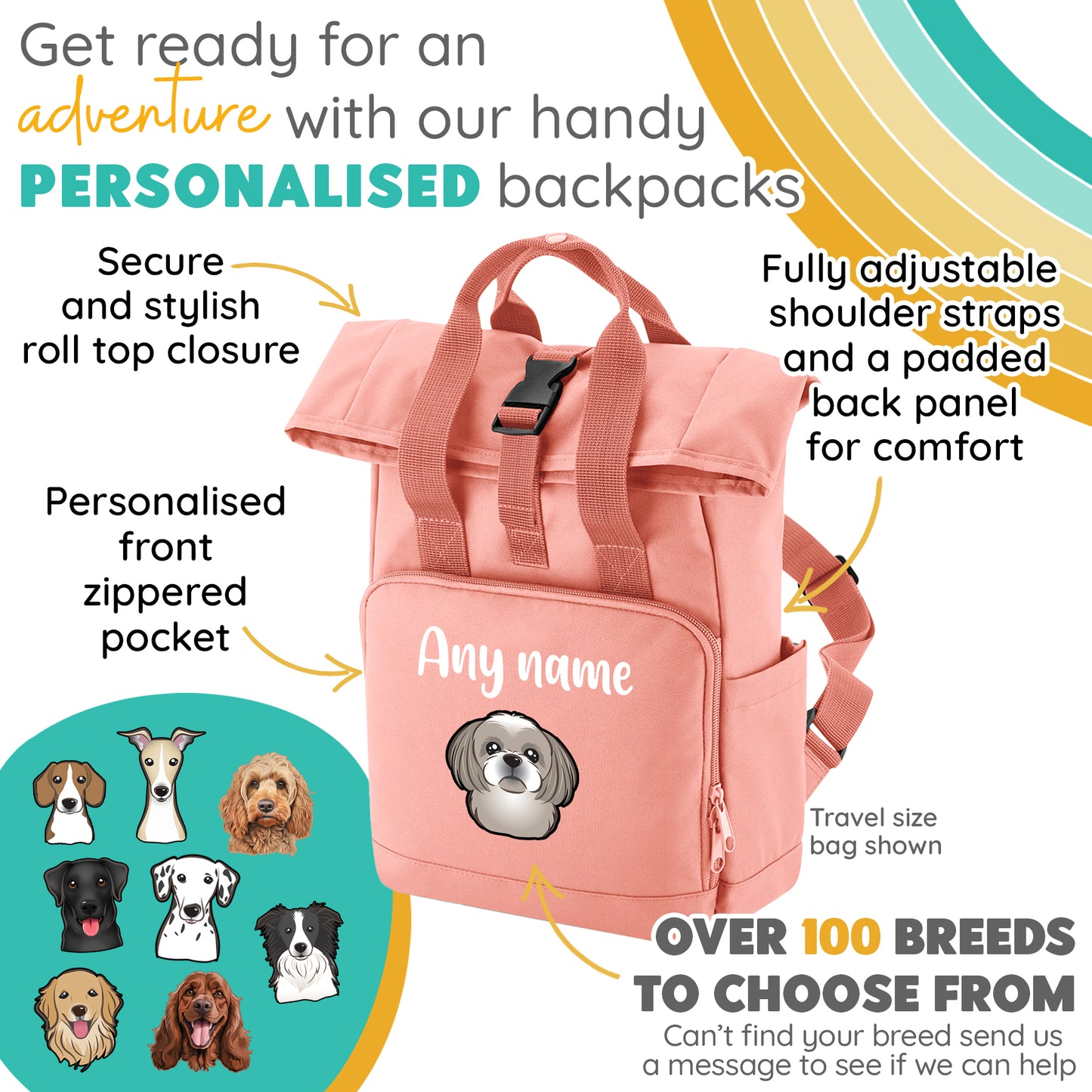 Overnighter Rucksack 14 Litres Peach Coral Any Breed Backpack With Custom Personalised Dog Name