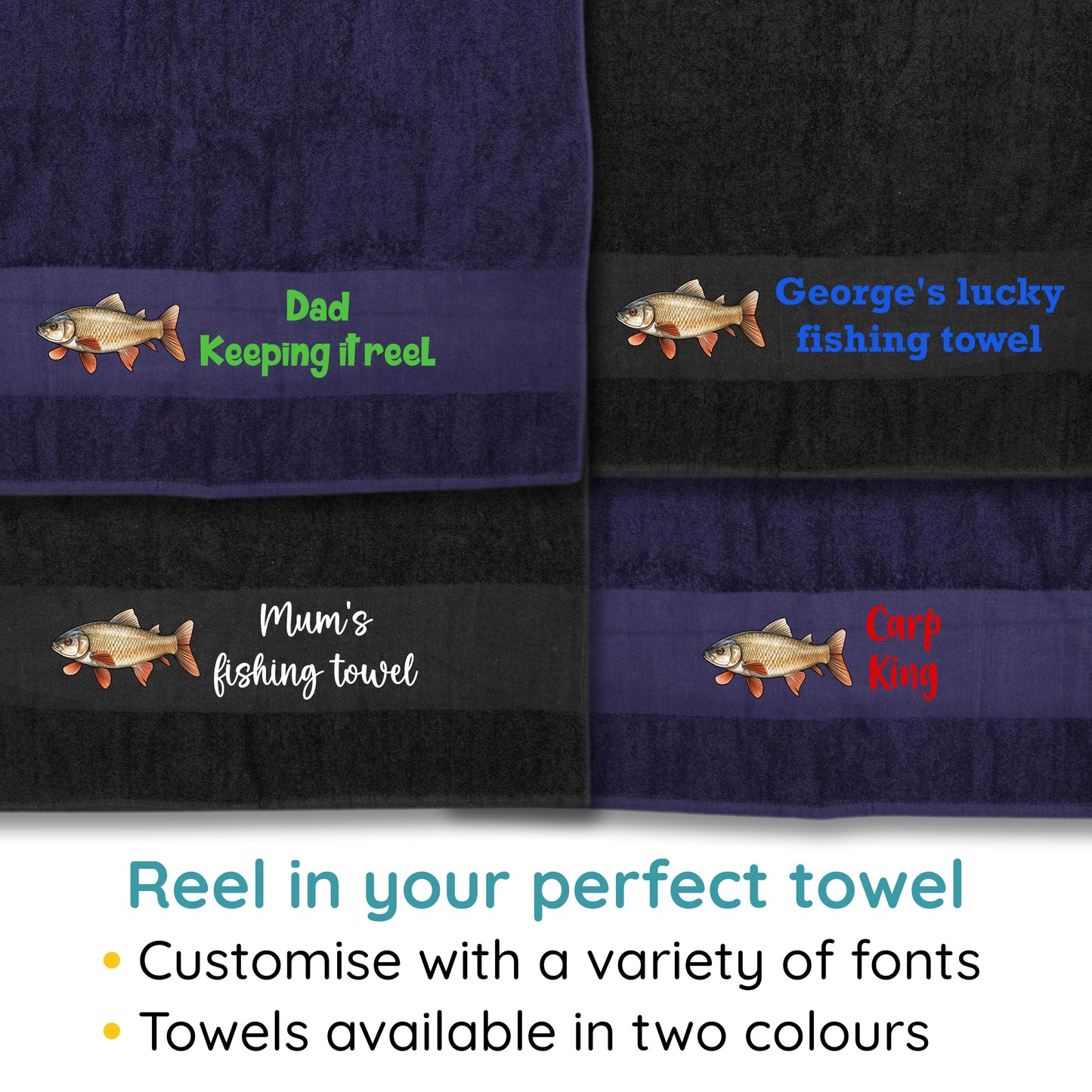 Carp Design Fishing Towel Personalised Printed Towel - Any Name or Wording