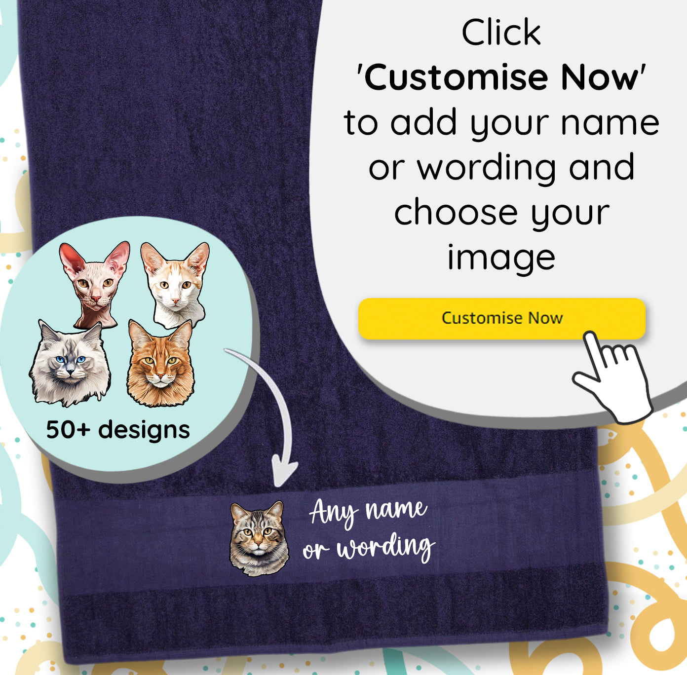 MIDNIGHT BLUE Any Pet Name And A Choice Of Cat Breed - Travel Towel