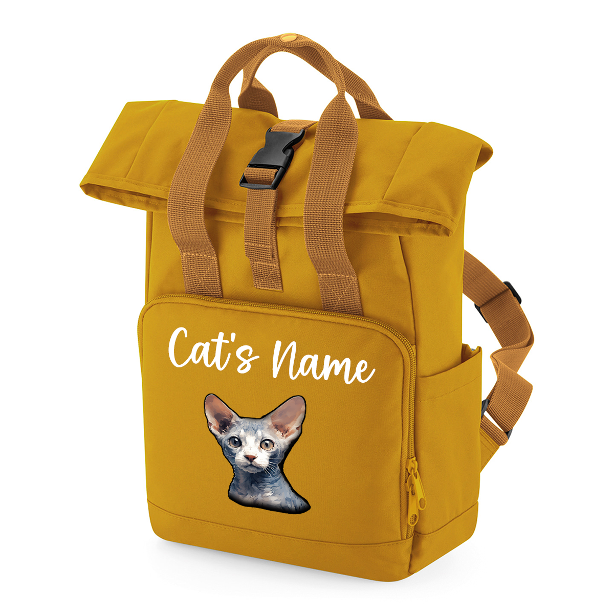 Mustard Cat Breed with Personalised Name Backpack