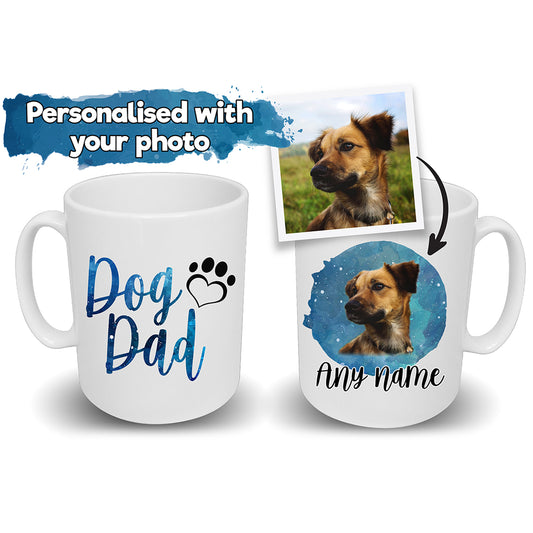 Dog Dad Mug Blue Watercolour Splash Design Dog's Name & Photo