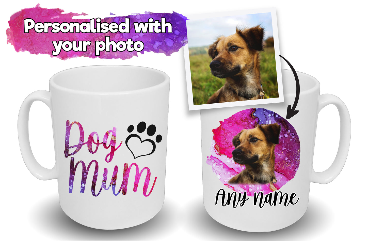 Dog Mum Mug Pink Watercolour Splash Design Dog's Name & Photo