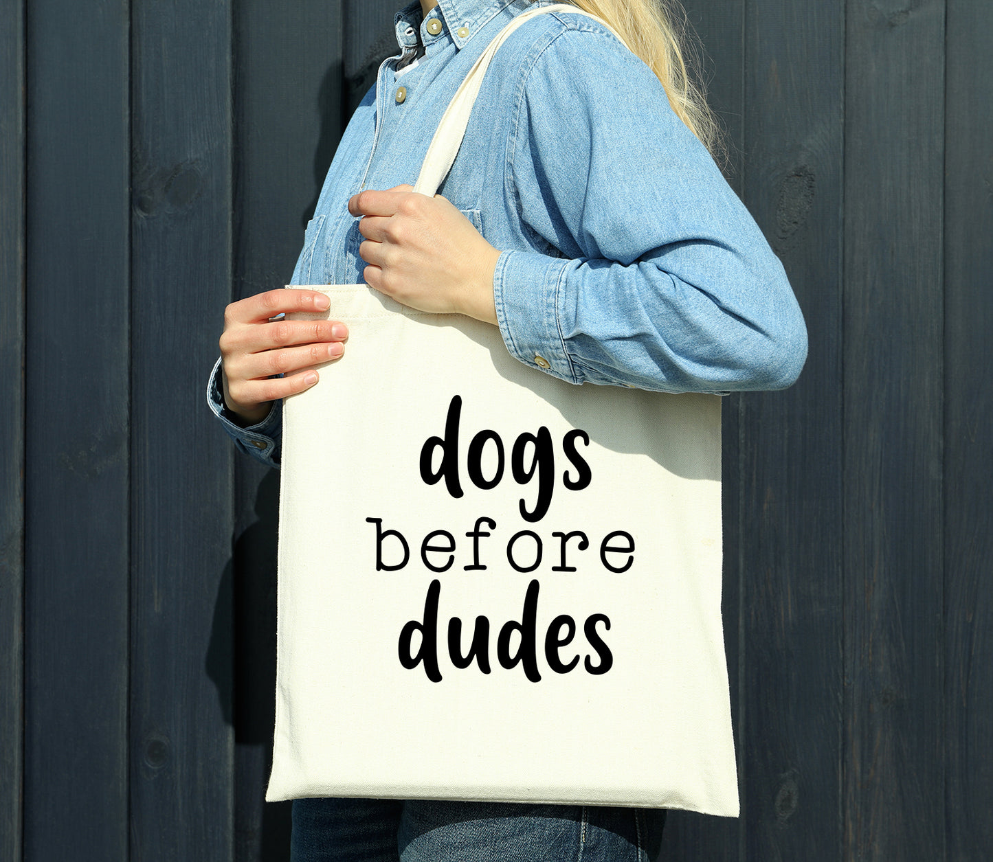 Dogs Before Dudes Reusable Cotton Shopping Bag Tote with Long Handles