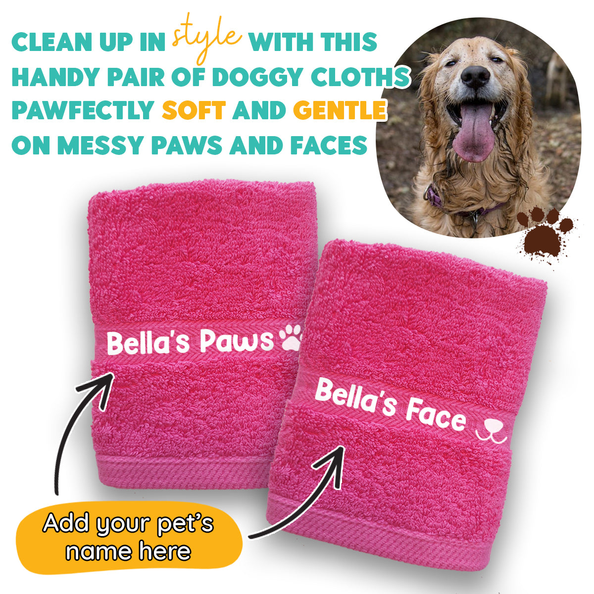 Hot Pink Dog Pet Face and Paws Wiper Towel Cloths - Any Name