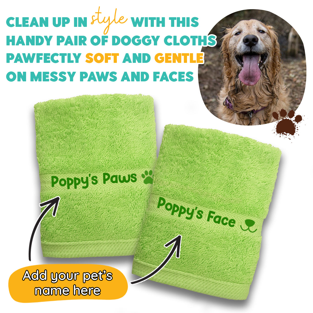 Lime Green Dog Pet Face and Paws Wiper Towel Cloths - Any Name