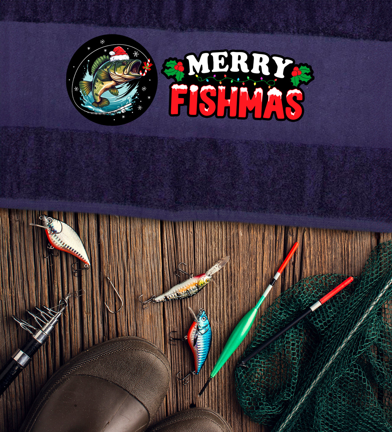Merry Fishmas Design Fishing Towel Personalised Printed Towel