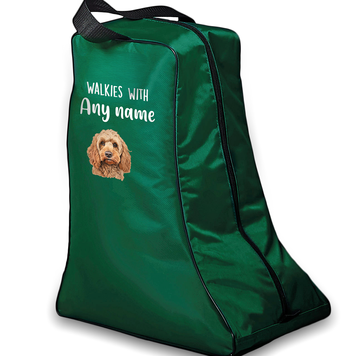 Green Walkies with Any Dog Breed Personalised with Name Welly Boot Bag