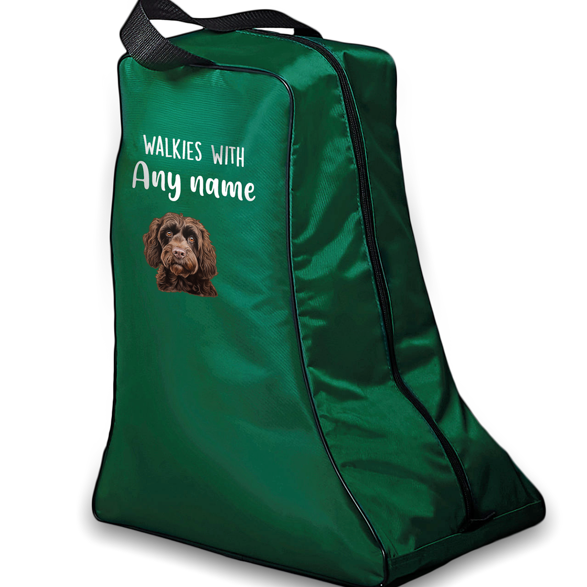 Green Walkies with Any Dog Breed Personalised with Name Welly Boot Bag