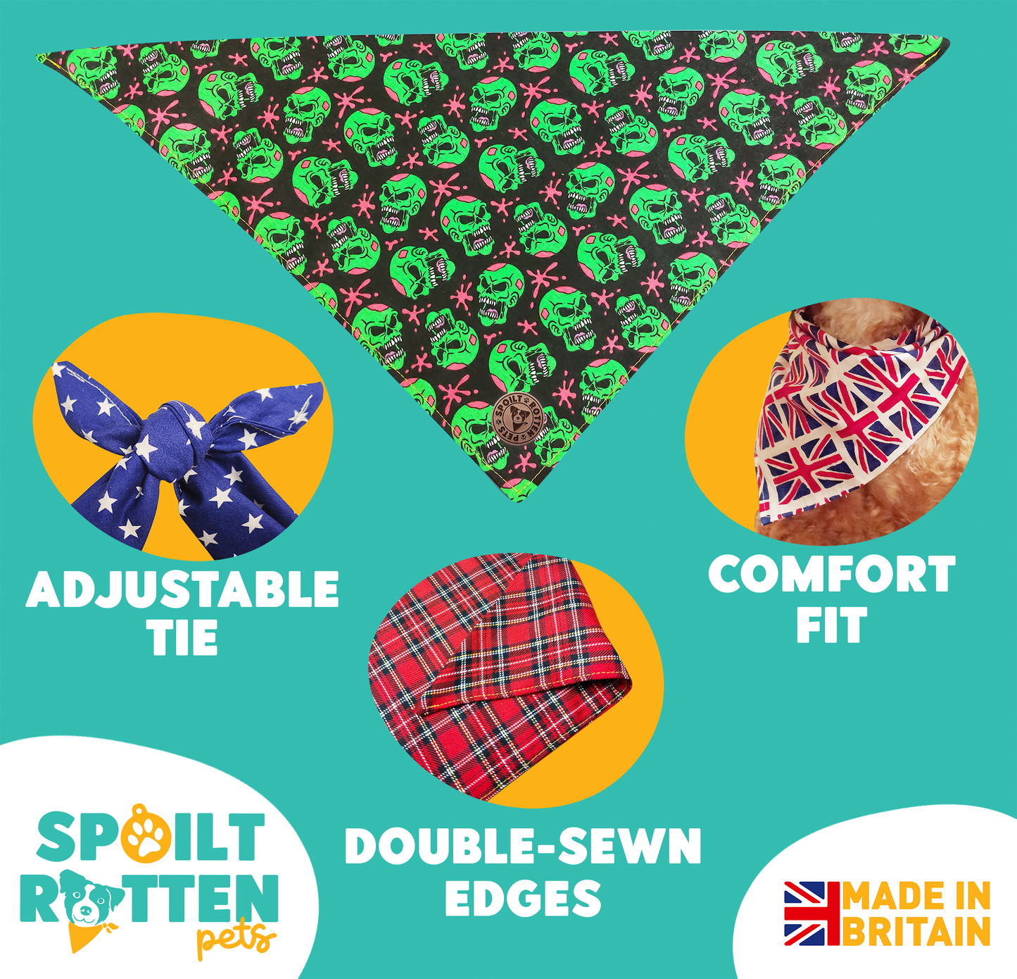The Hampton - Green Zombie Skulls Tied Dog Bandana