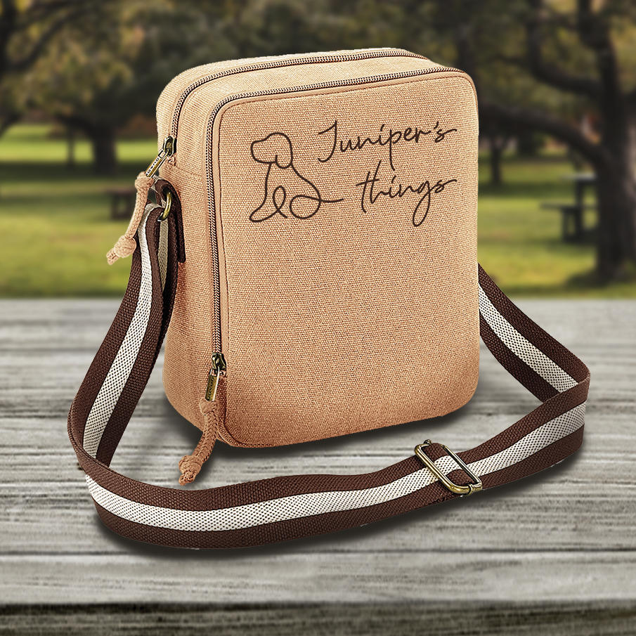 Doodle Dog Vintage Style Sand & Brown Crossbody Walking Bag - Any Wording Added