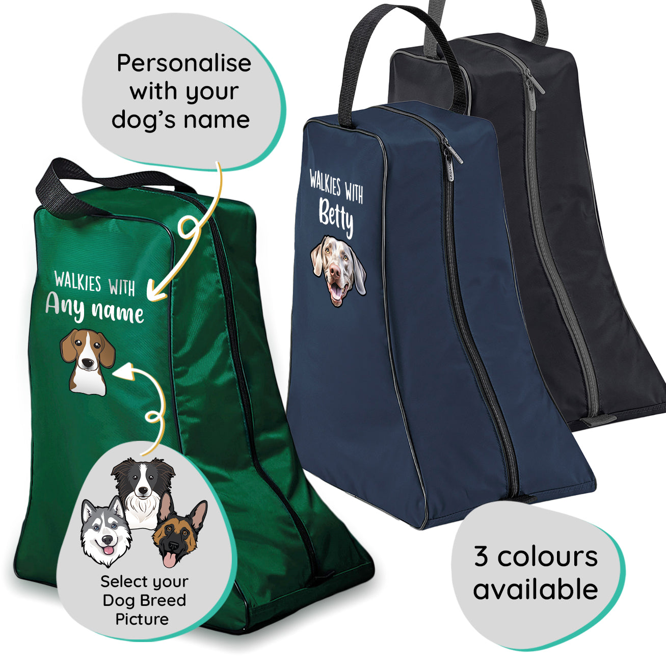 Green Walkies with Any Dog Breed Personalised with Name Welly Boot Bag