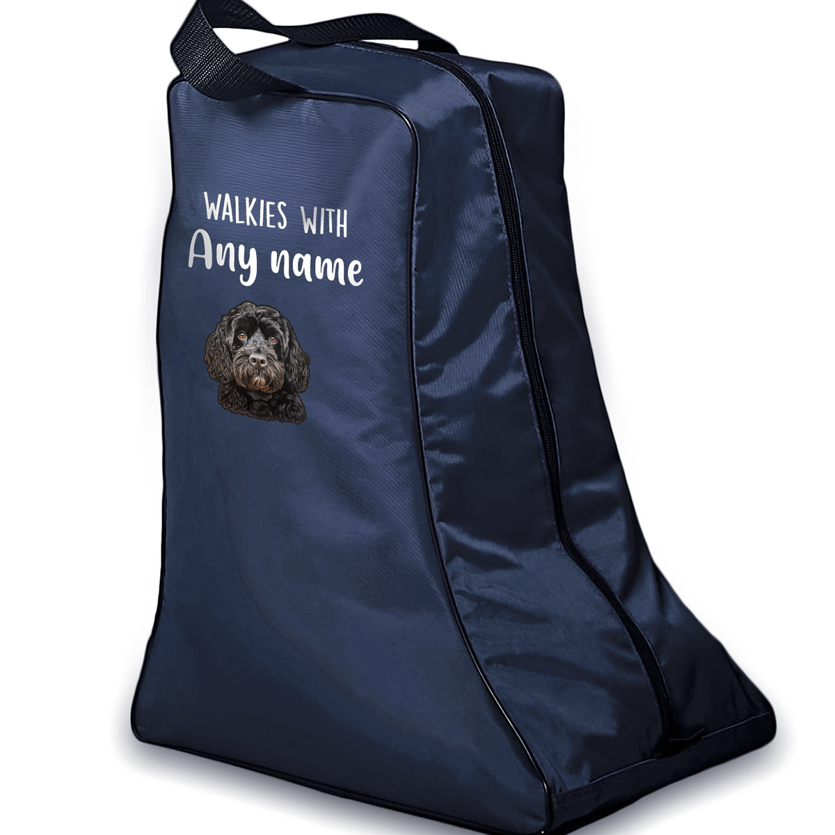 Navy Walkies with Any Dog Breed Personalised with Name Welly Boot Bag
