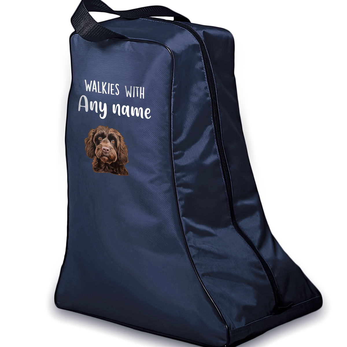 Navy Walkies with Any Dog Breed Personalised with Name Welly Boot Bag