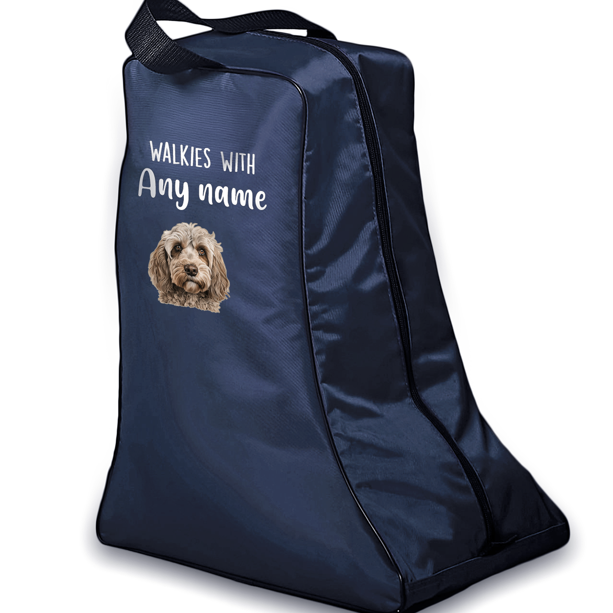 Navy Walkies with Any Dog Breed Personalised with Name Welly Boot Bag