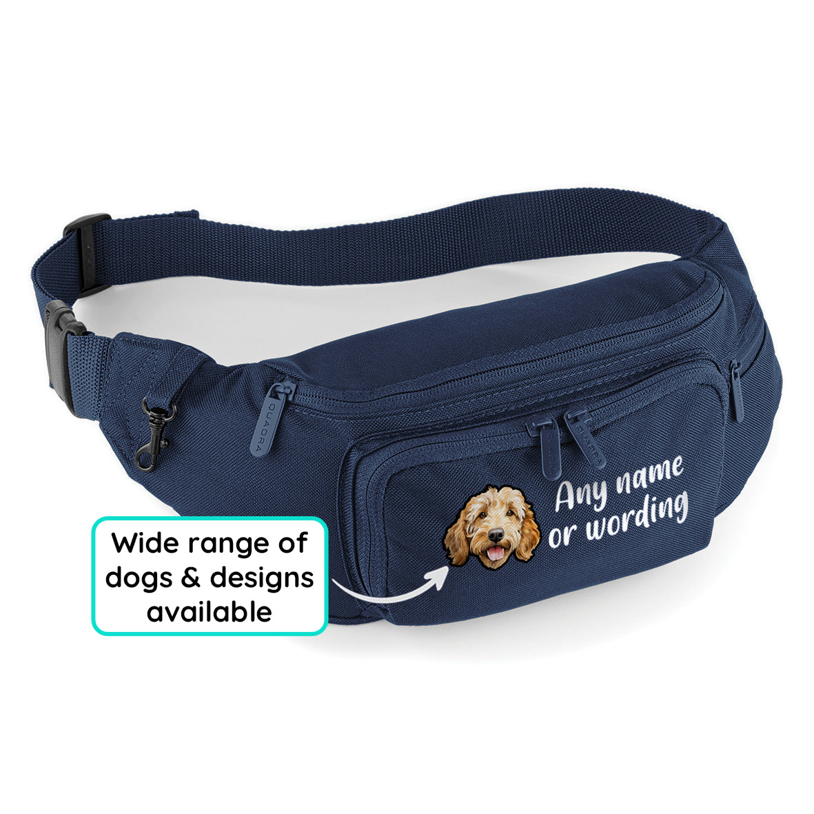 Waist or Crossbody Dog Walking Bag Navy Blue Personalised With Breed & Wording