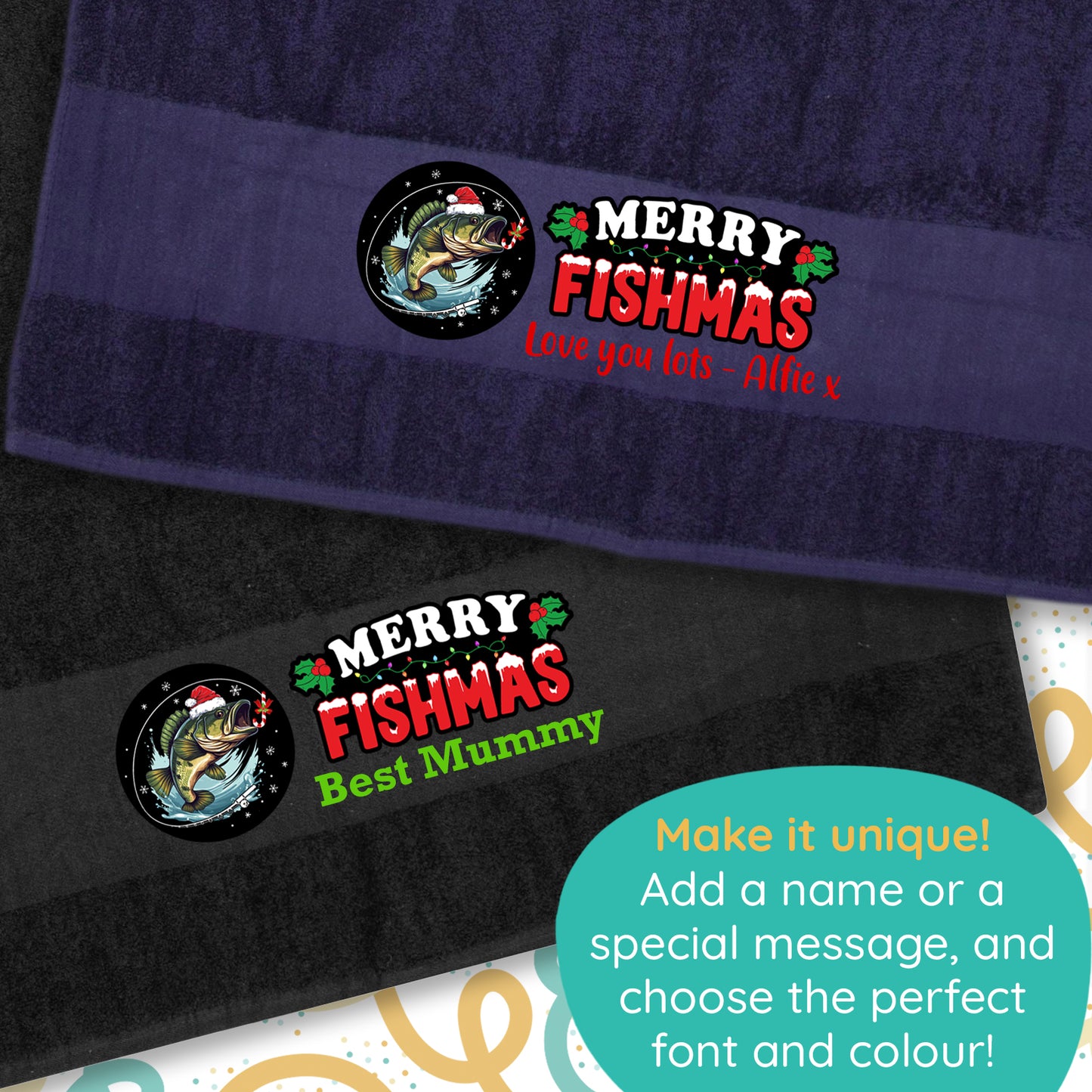 Merry Fishmas Design Fishing Towel Personalised Printed Towel