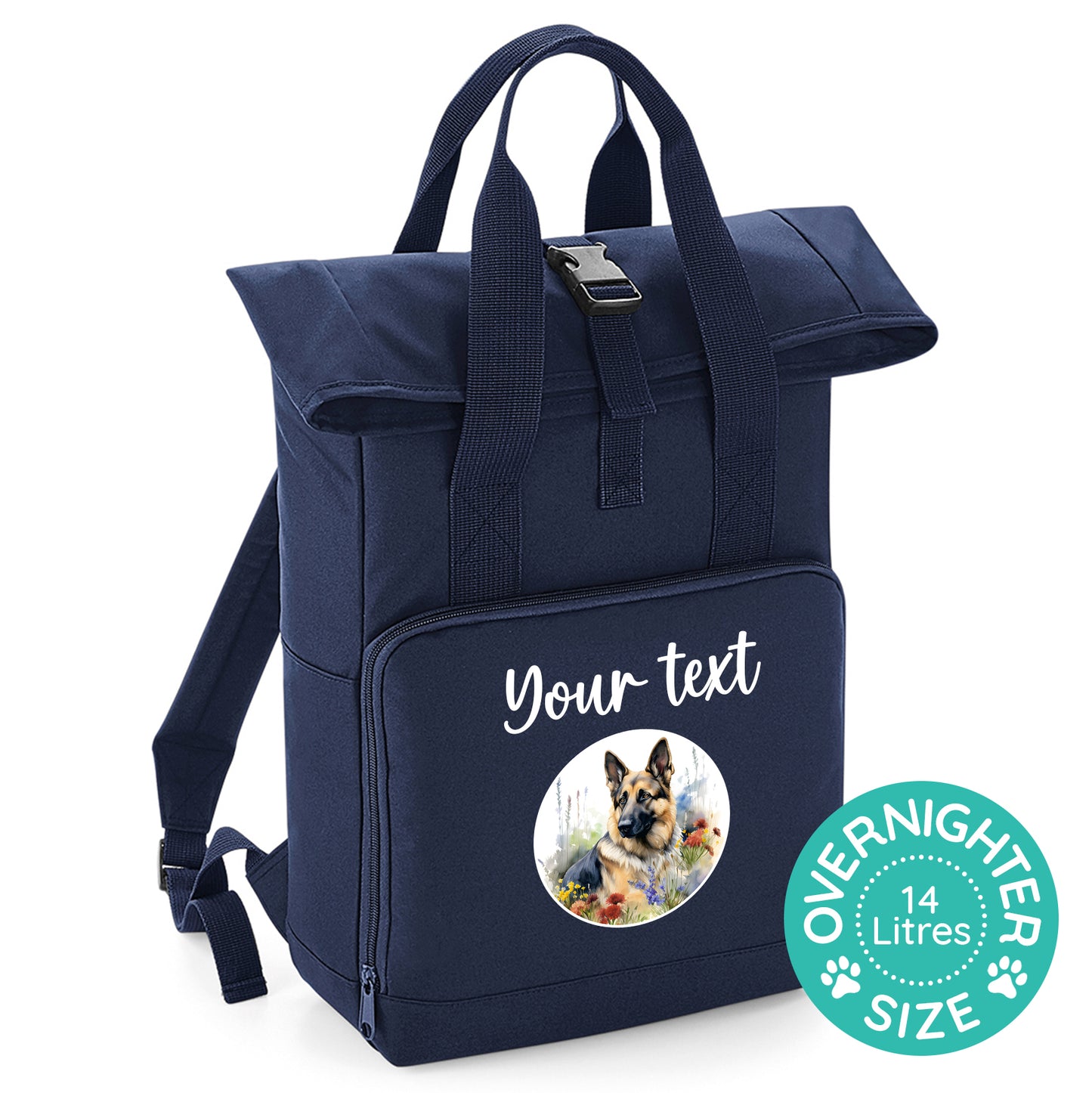 Overnighter Rucksack 14 Litres Navy Blue Wildflower Dog Breed Design