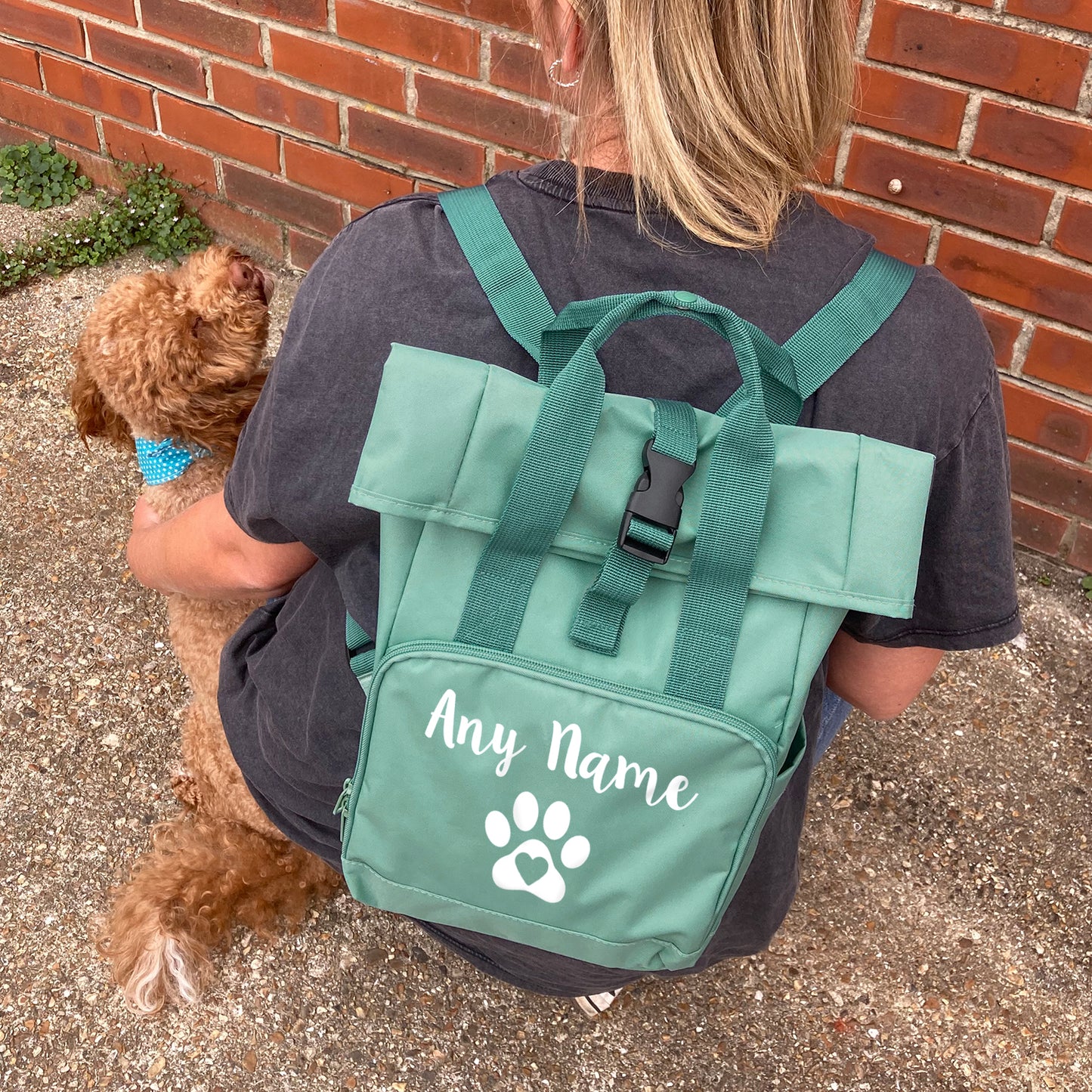 Travel Size Sage Green Heart & Paw Backpack With Any Name Or Wording