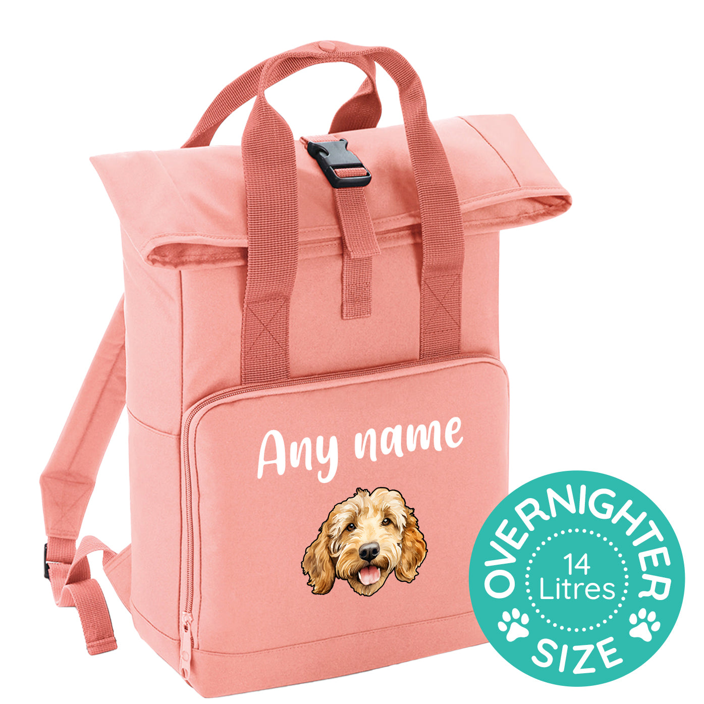 Overnighter Rucksack 14 Litres Peach Coral Any Breed Backpack With Custom Personalised Dog Name
