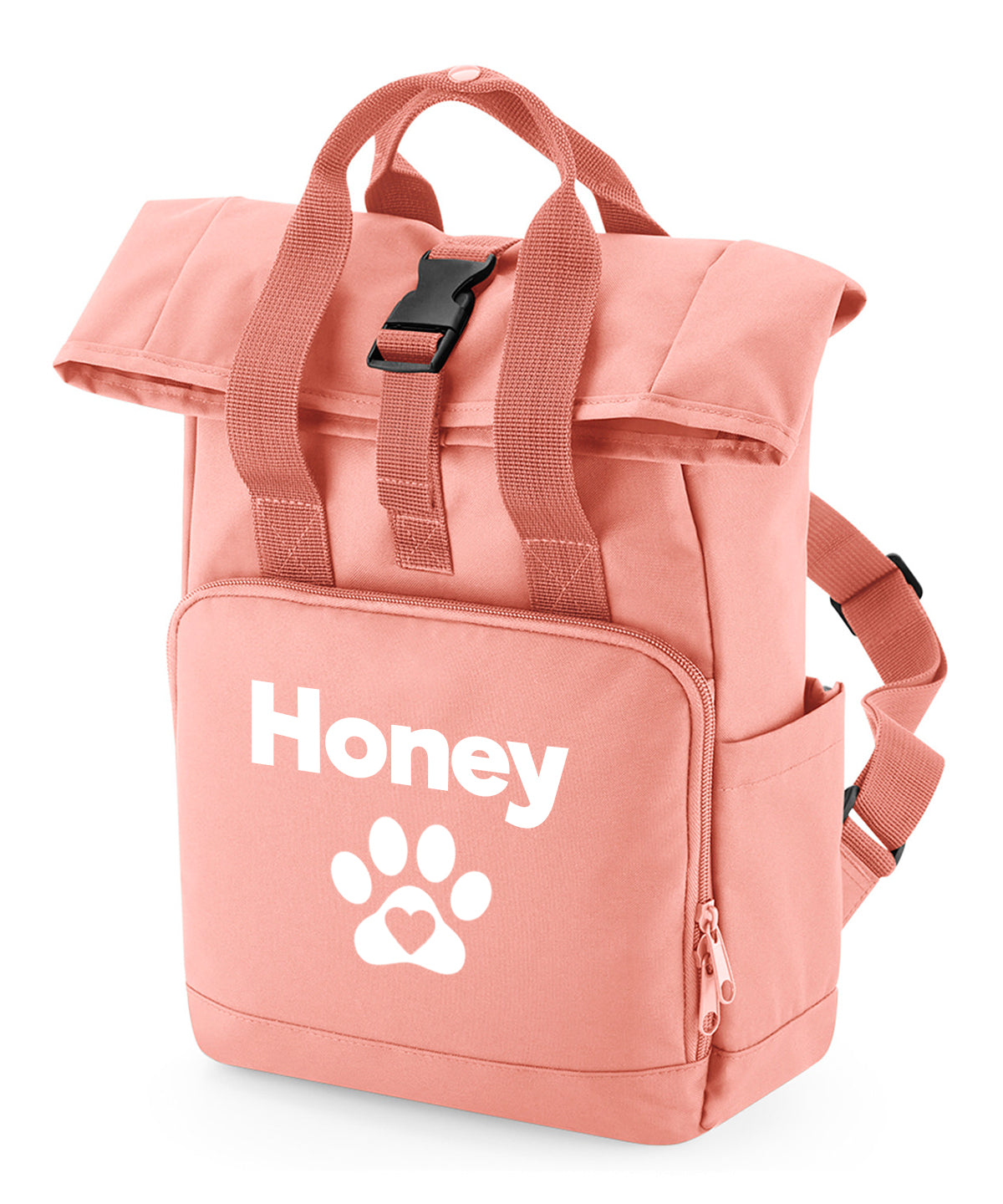 Travel Size Peach Pink Heart & Paw Backpack With Any Name Or Wording