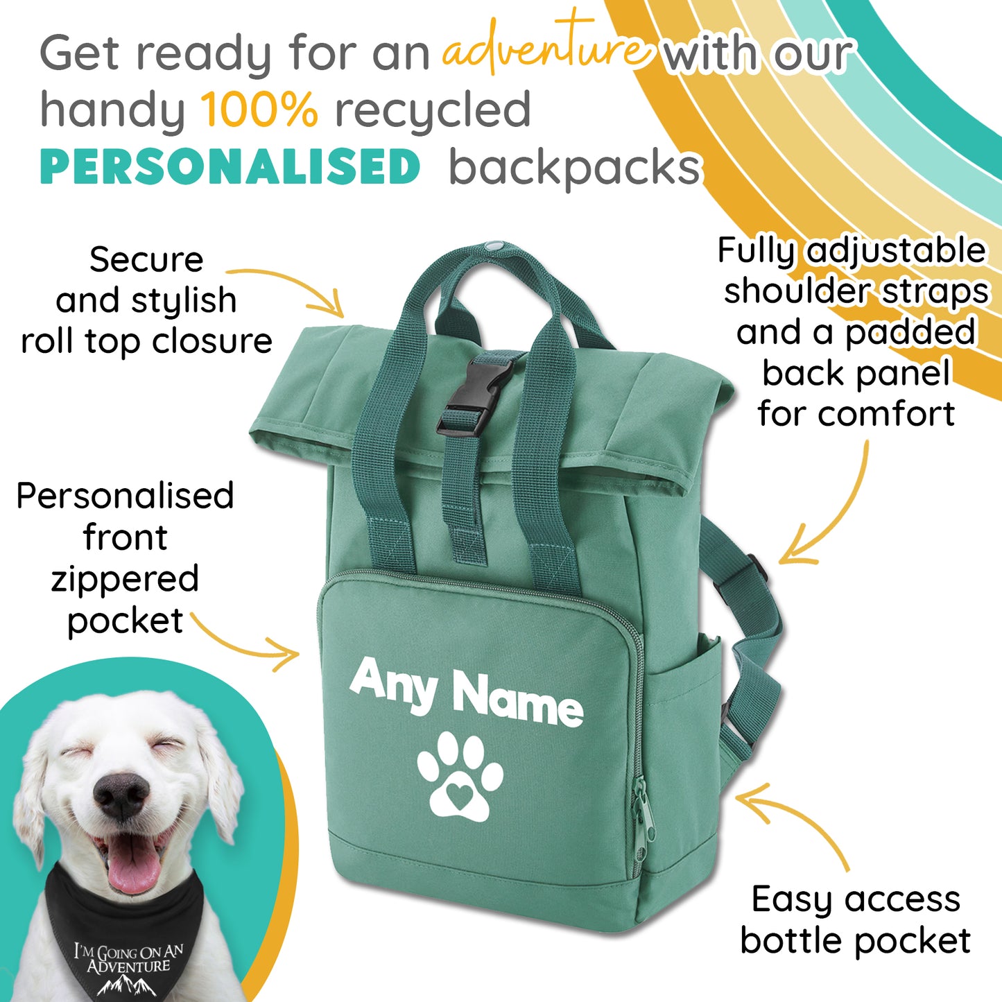 Travel Size Sage Green Heart & Paw Backpack With Any Name Or Wording